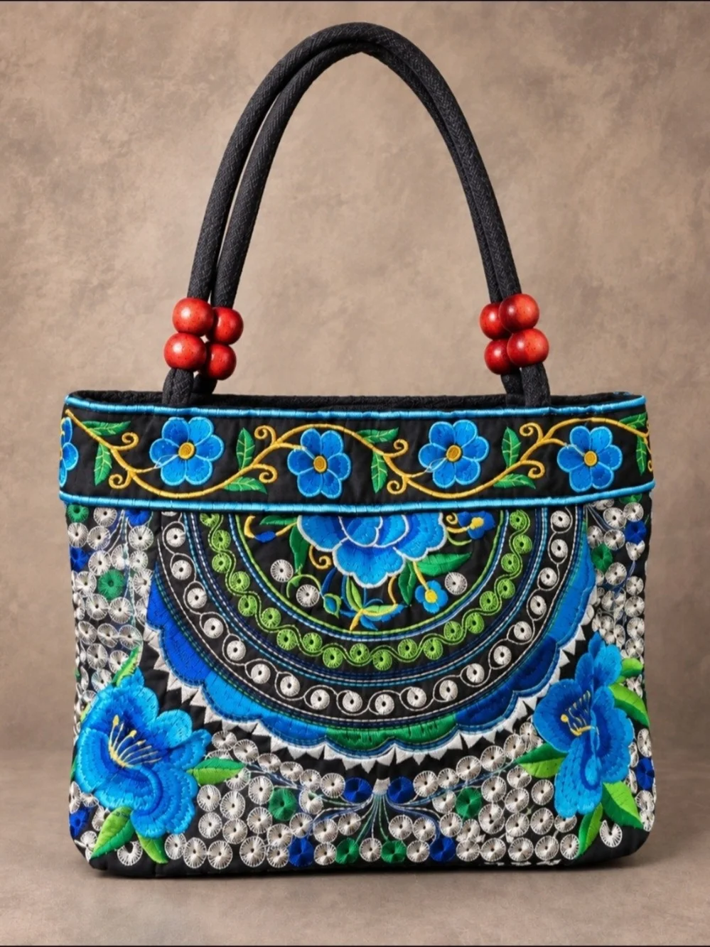 Source Unknown Black Tote with Blue & Green Embroidery and Red Bead Accents